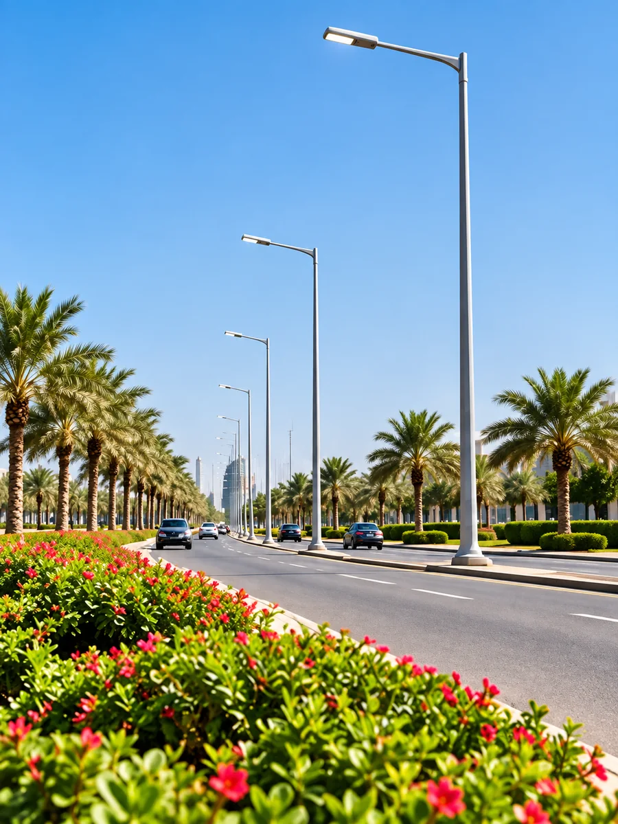 Installed street lighting along a landscaped roadway